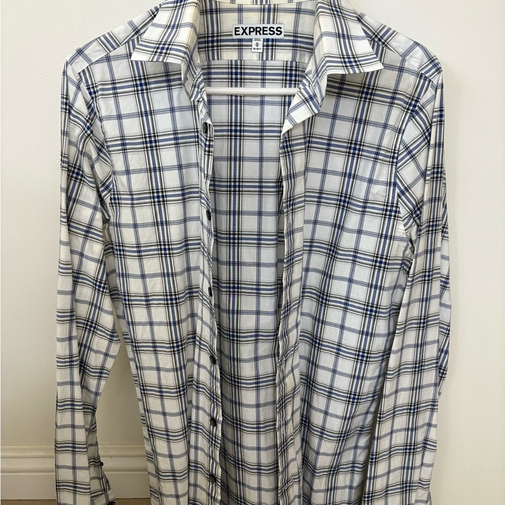 Express Men's White and Blue Checkered Shirt